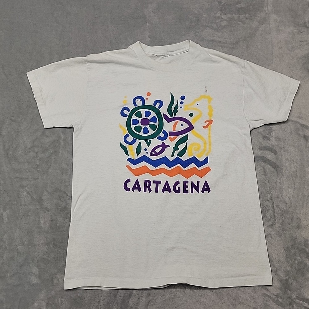 VTG Cartagena Shirt Mens L White Tee Sea Turtle Seahorse Souvenir Single Stitch